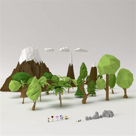 Low poly Trees Flowers Grass Rocks Clouds and Mountains 3D model # ...