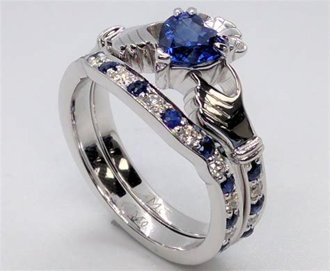 European Engagement Ring - Heart Blue Sapphire Claddagh Bridal Ring Set ...