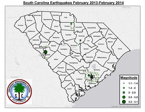 Earthquakes recorded in South Carolina, February 2013-2014, more info ...