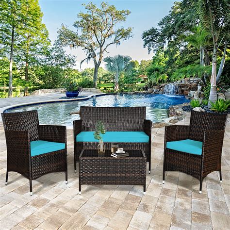 Gymax 4PCS Patio Rattan Conversation Furniture Set Outdoor w/ Turquoise ...