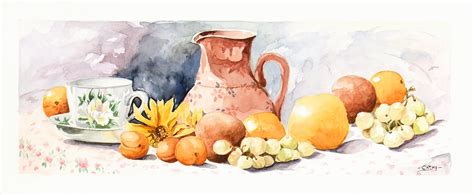 Watercolor Still Life- Season Harvest - Original Art, Antique Maps & Prints