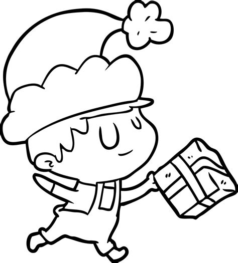 line drawing of a happy christmas elf with present 12549178 Vector Art ...