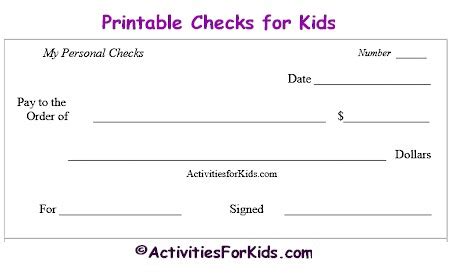 Printable Blank Checks, Check Register for Kids - Cheques