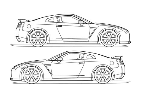 Side view vector line drawing of a Nissan GT-R - TrashedGraphics