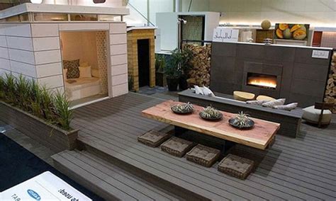 modern deck design with built in wall fireplace