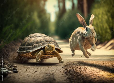 The rabbit and the turtle running race in the forest.Front view.Created ...