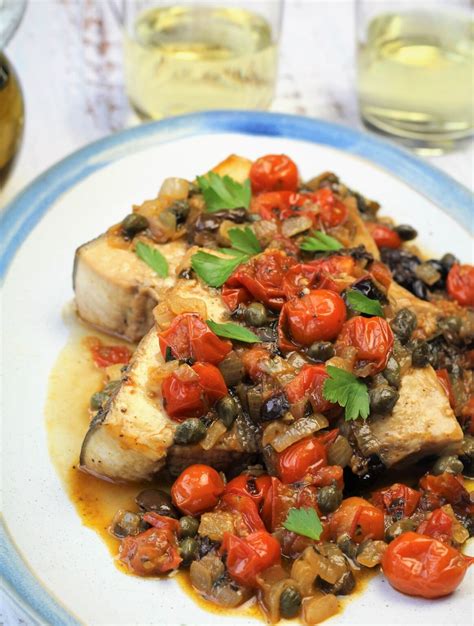 Sicilian Swordfish with Tomatoes, Capers and Olives - Mangia Bedda