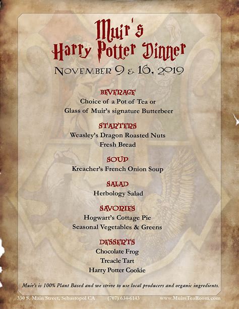 Harry Potter Dinner Menu | Muirs Tea Room Cafe