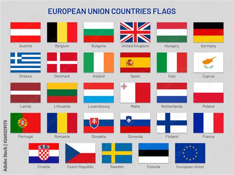 European Union countries flags. Europe travel states, EU member country ...