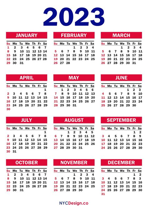 2023 Calendar Printable Free, PDF, Red – SS – nycdesign.us: Printable ...