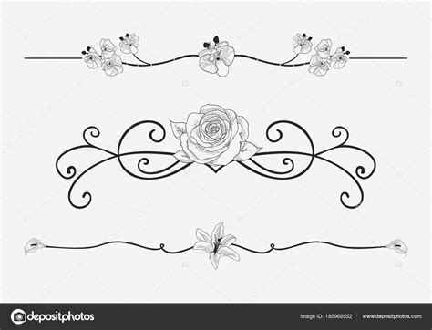 Vector Black Floral Dividers with Flowers and Swirls — Stock Vector ...