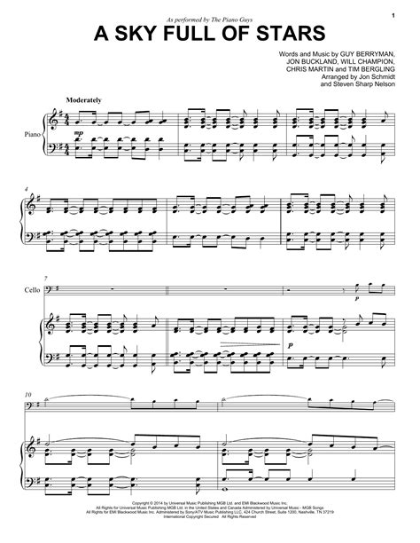 A Sky Full Of Stars sheet music by The Piano Guys (Cello and Piano ...