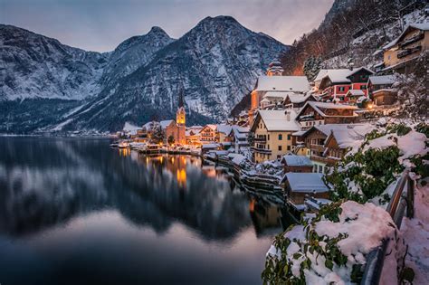 Pictures Hallstatt Austria Winter mountain Snow Lake Evening Cities ...