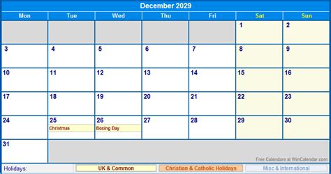 December 2029 UK Calendar with Holidays for printing (image format)