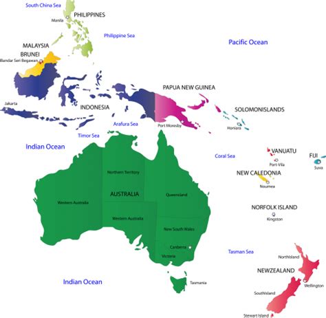 Map of Australia and Oceania with Countries and Capitals ...