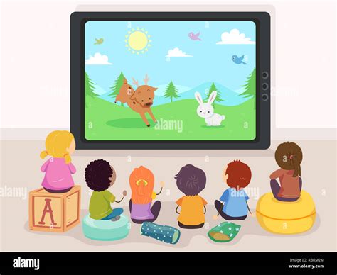 Illustration of Stickman Kids Watching Reindeer and Rabbit Cartoons on ...