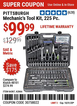 PITTSBURGH Mechanic’s Tool Kit 225 Pc. for $99.99 – Harbor Freight Coupons