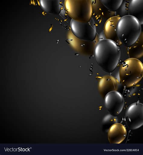 Festive poster with black and gold shiny balloons and serpentine ...