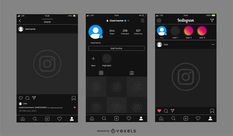 Instagram Dark Interface Template Set Vector Download