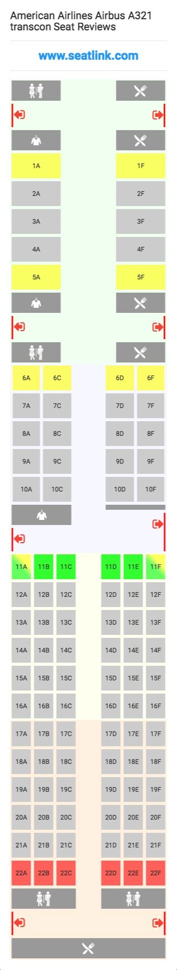 American Airlines Airbus A321 transcon (32B) Seat Map