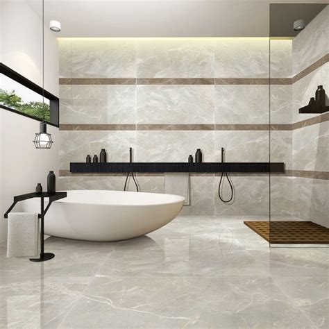 Light Grey Stone Look Bathroom Tiles , Porcelain Tile Flooring Anti Slip