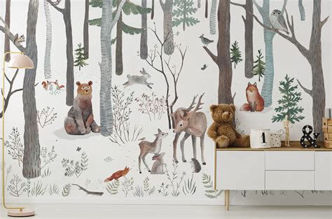 Forest animals wallpaper mural for kids | Wallco