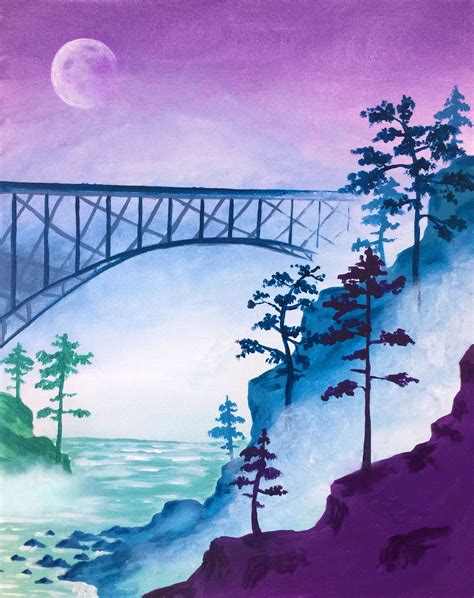 Paint Nite. Moon painting. Bridge In The Mist | Landscape drawings ...