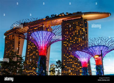 Gardens by the Bay and Marina Bay Sands Hotel at dusk. Singapore, Asia ...