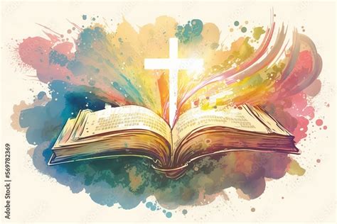 Bible illustration open book landscape art paradise sun light prayer ...