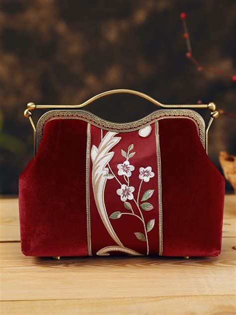 Embroidered Red Velvet Chain Strap Clutch Purse Bag - CozyLadyWear