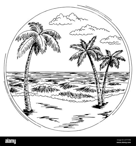 Sea coast round frame graphic beach black white landscape sketch ...