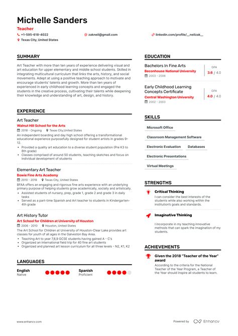 Art Teacher Resume Examples & Guide for 2023 (Layout, Skills, Keywords ...