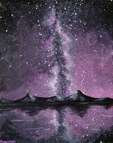 Galaxy Painting Mountain Artwork, Purple Galaxy Art, Night Sky Original ...