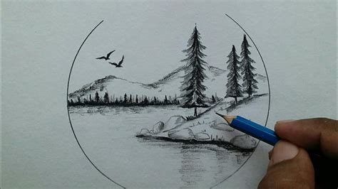 Nature scenery drawing easy step by step / pencil sketch scenery for ...