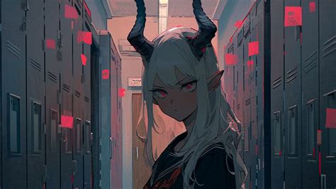 Download wallpaper 1600x900 demon, horns, girl, room, anime widescreen ...