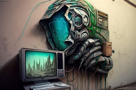 Premium Photo | A computer monitor and a graffiti painting of a man ...