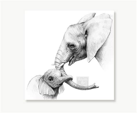 Baby Elephant and Mom Black & White Print Mother Elephant - Etsy | Baby ...