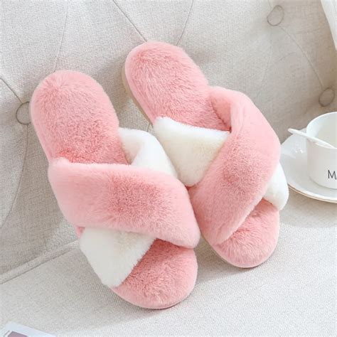 Winter Warm Faux Fur Home Slippers Ladies Cross Soft Fashion Plush ...