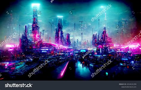 Futuristic Cyberpunk City Full Neon Lights Stock Illustration ...