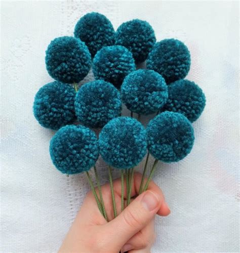 Decor - Teal Yarn Pom Pom Flowers: Set Of 12 #2505648 - Weddbook