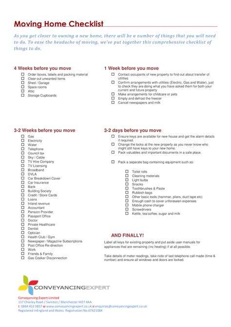 Printable House Moving Checklist Template