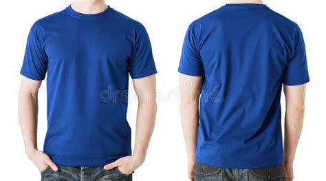 Man in blank blue t-shirt, front and back view. Clothing design concept ...