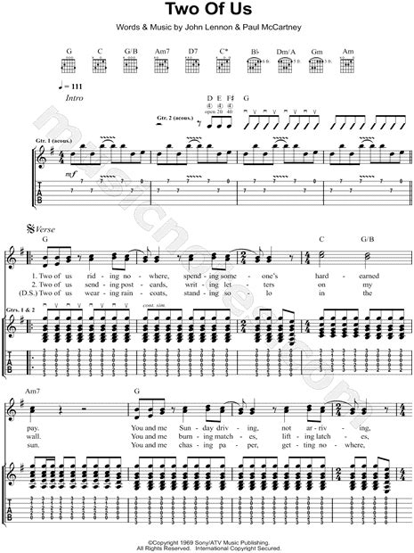 The Beatles "Two of Us" Guitar Tab in G Major - Download & Print - SKU ...