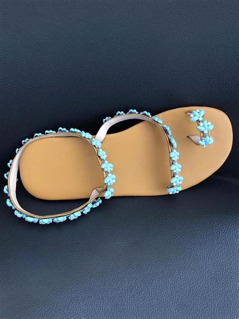 Summer Handmade Cute Beach Flat Sandals PU Rhinestone Slip On Sandals ...