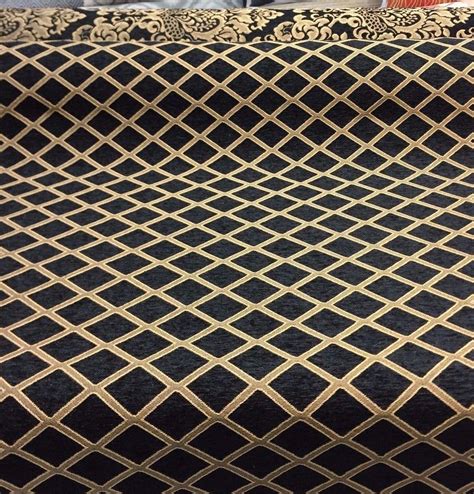 Black & Gold Pattern Damask Diamond Chenille Upholstery Fabric ...