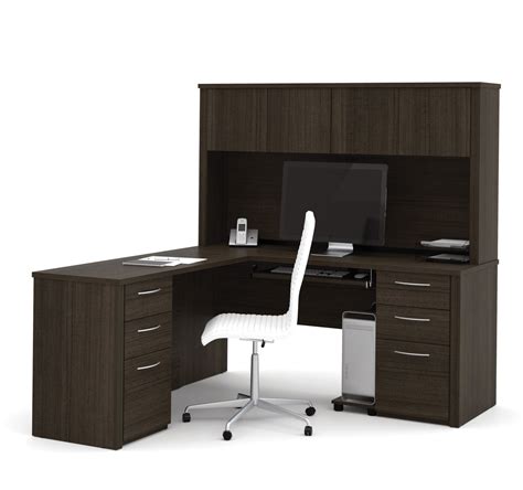 Double Pedestal L-shaped Desk with Hutch in Dark Chocolate ...