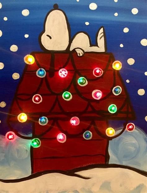 a painting of a snoopy christmas tree with lights on it