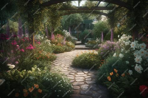 Premium AI Image | A garden path with flowers and plants