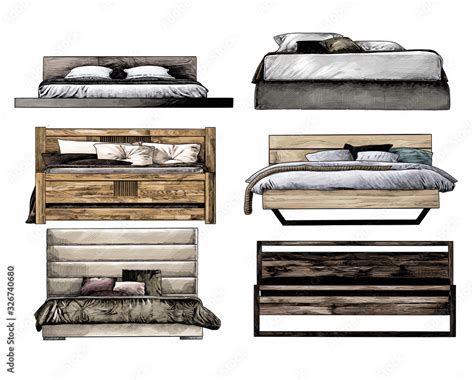 set of beds front view in loft style, sketch vector graphics isolated ...