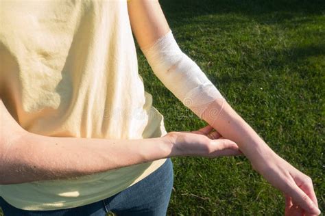 Woman with the Bandage on the Wound. Bleeding Injury Hand Stock Photo ...